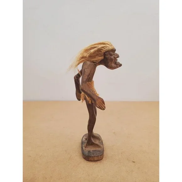 Vintage Hawaiian Carved Wood Tiki Kahuna Tribal , Hemp Rope Hair and Grass Skirt - Picture 8 of 16